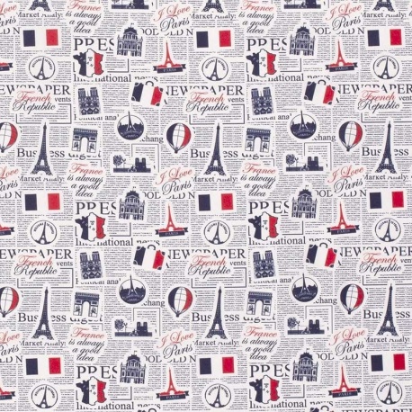 Tissu Popeline de Coton Imprimé Paris Gris Clair