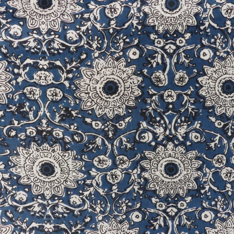 Tissu Impression Tampons Mains Floral Bleu