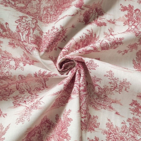 Tissu Mini Pastorale Toile Effet Jouy Rouge