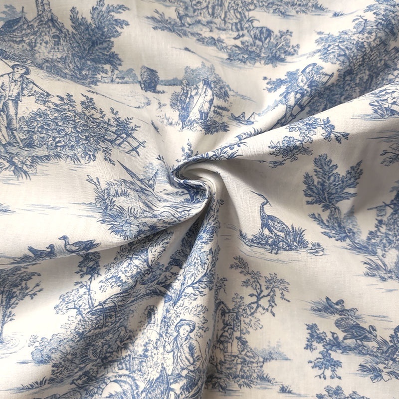 Tissu Mini Pastorale Toile Effet Jouy Bleu