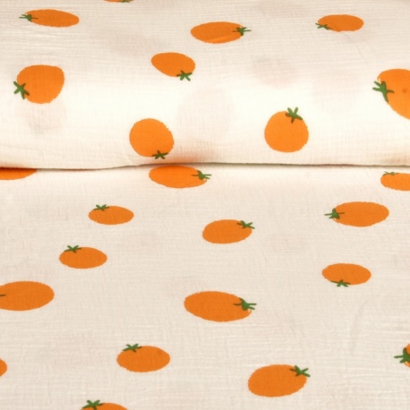 Tissu Double Gaze Imprimé Orange Fond Blanc