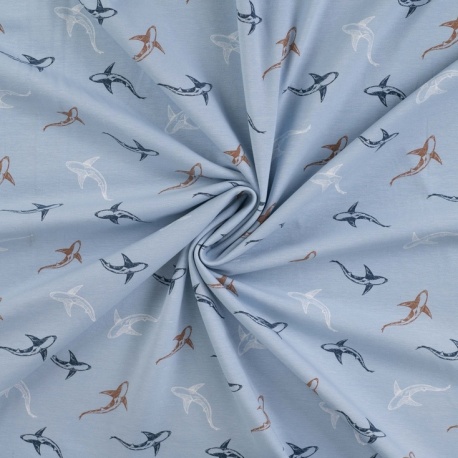 Tissu Jersey de Coton Imprimé Requins Bleu