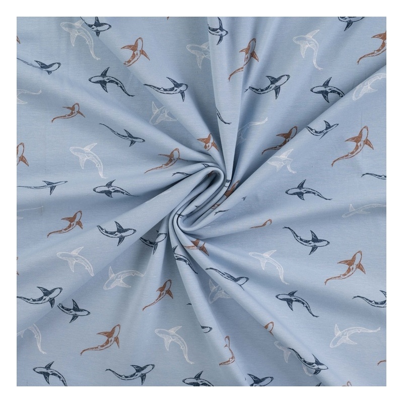 Tissu Jersey de Coton Imprimé Requins Bleu