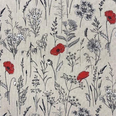 Tissu Toile Imprimée Graminées Rouge 