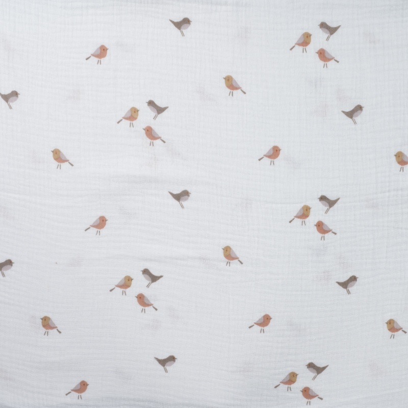 Tissu Double Gaze Imprimé Oiseau Blanc