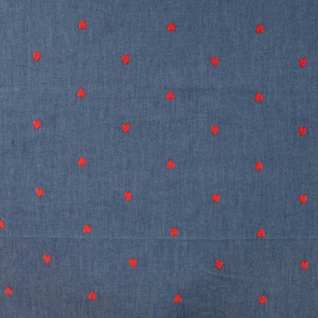 Tissu Chambray Brodé Coeur Rouge