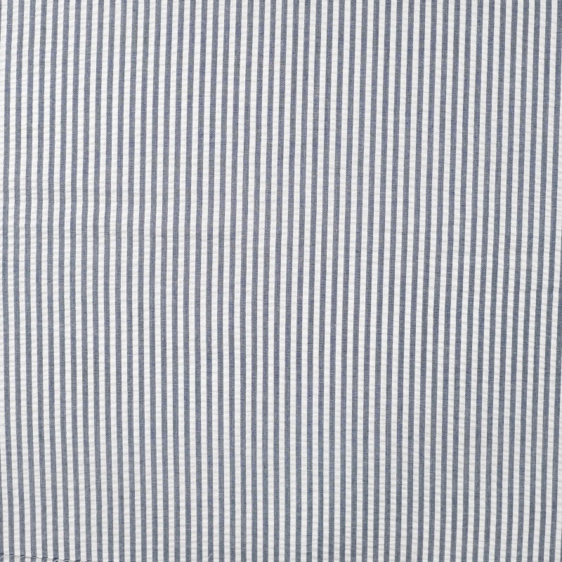 Tissu Poly Coton Seersucker Rayure Bleu Marine