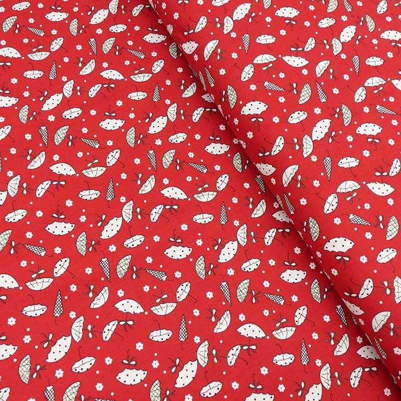 Tissu Coton Imprimé Parapluie Fond rouge